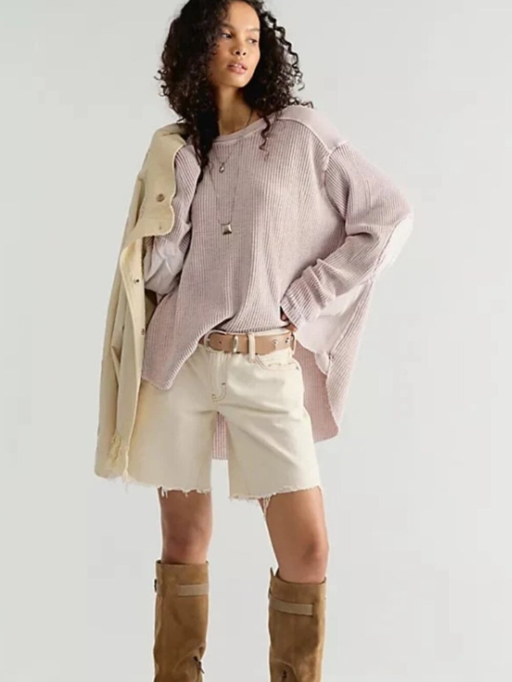 Free People Fp One Blake Thermal Top Oversized Scoop Neck Long Sleeve Tunic S